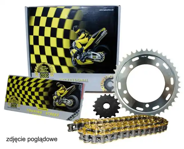 Dostępne od ręki REGINA ZESTAW NAPĘDOWY KAWASAKI ER-5 (ER 500) 96-06 (17/42/106/520ZRT) ŁAŃCUCH DO 750 CM ZŁOTY (Z-RING), ZĘBATKA P/T SUNSTAR - ZASTĘPUJE KK046REG