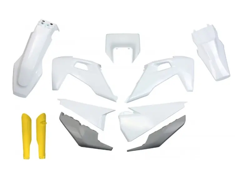 Darmowy zwrot UFO KOMPLET PLASTIKÓW (FULL KIT) Z OSŁONAMI TELESKOPÓW (AMORTYZATORÓW) HUSQVARNA TX / TE 125 / 150 / 250 / 300 ‘20-‘22, FE 250 / 350 / 450 / 501 ‘20-‘23 KOLOR OEM BIAŁY SZARY ŻÓŁTY