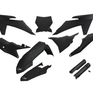 Zamów teraz UFO KOMPLET PLASTIKÓW (FULL KIT) Z OSŁONAMI TELESKOPÓW (AMORTYZATORÓW) KTM SX 125 / 250 / 300 TBI ‘23-‘24, SX-F 250 / 350 / 450 ‘23-‘24 KOLOR CZARNY
