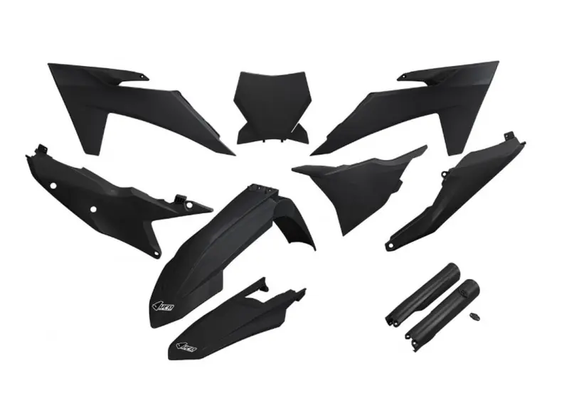 Zamów teraz UFO KOMPLET PLASTIKÓW (FULL KIT) Z OSŁONAMI TELESKOPÓW (AMORTYZATORÓW) KTM SX 125 / 250 / 300 TBI ‘23-‘24, SX-F 250 / 350 / 450 ‘23-‘24 KOLOR CZARNY