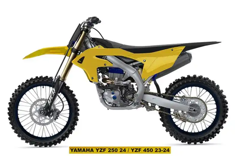 Nie przegap UFO KOMPLET PLASTIKÓW (FULL KIT) Z OSŁONAMI TELESKOPÓW (AMORTYZATORÓW) YAMAHA YZF 250 ‘24-‘25, YZF 450 ‘23-‘25 KOLOR ZŁOTY