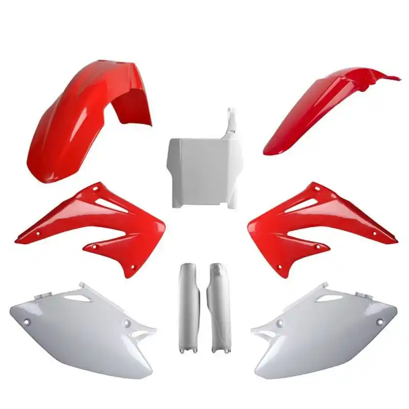 Nowy POLISPORT KOMPLET PLASTIKÓW (FULL KIT) HONDA CRF 450R ‘04 W ZESTAWIE TABLICA PRZEDNIA (8661900001) I OSŁONY AMORTYZARORÓW (8351700001) KOLOR CZERWONO BIAŁY OEM